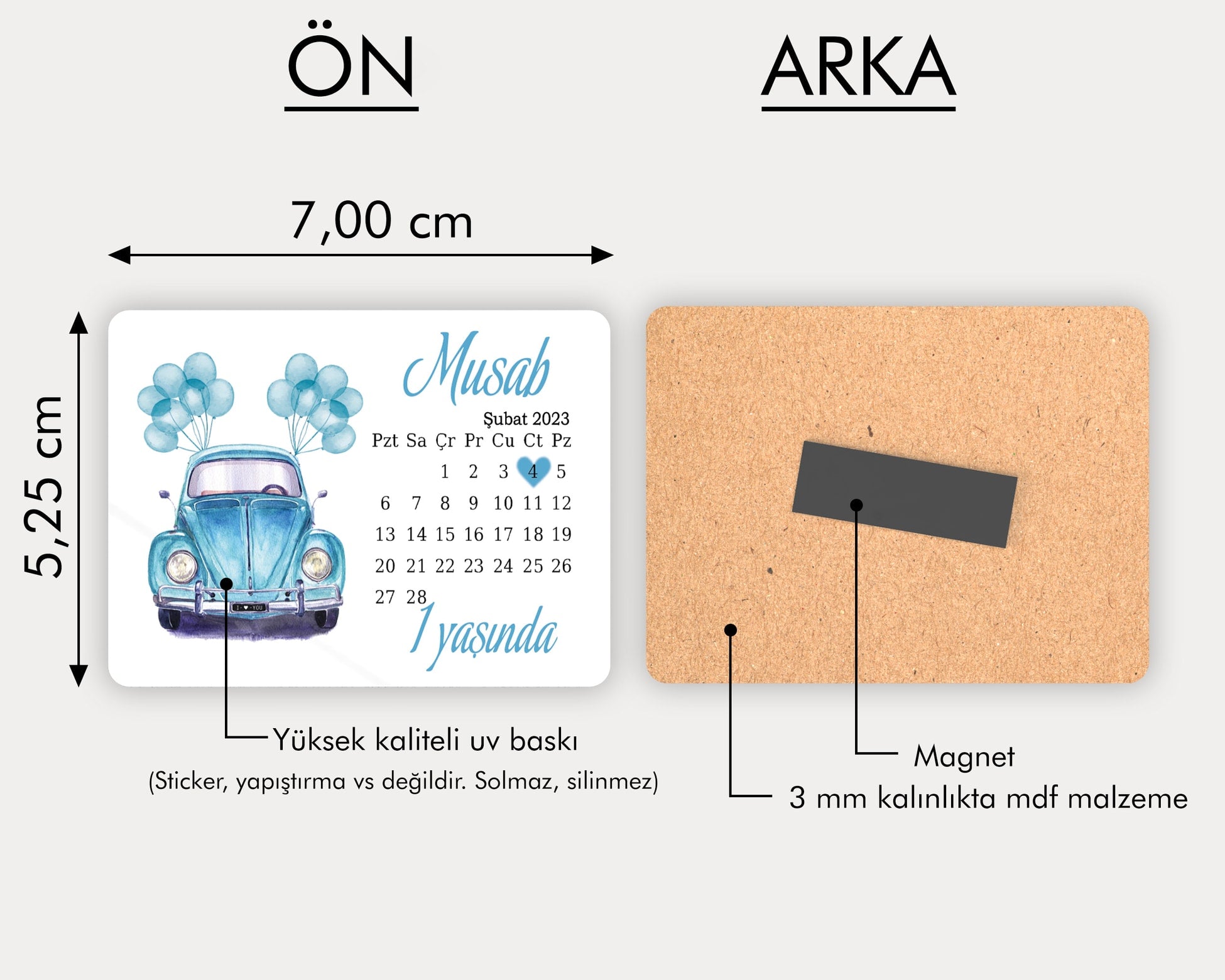 Mavi Araba ve Takvim Temalı Ahşap Magnet